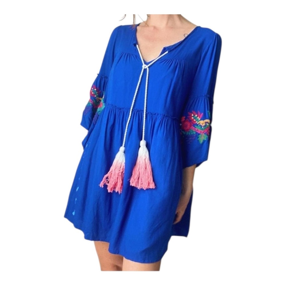 Judith March Royal Blue‎ Floral Embroider Bell Sleeved Mini Dress Size Large
